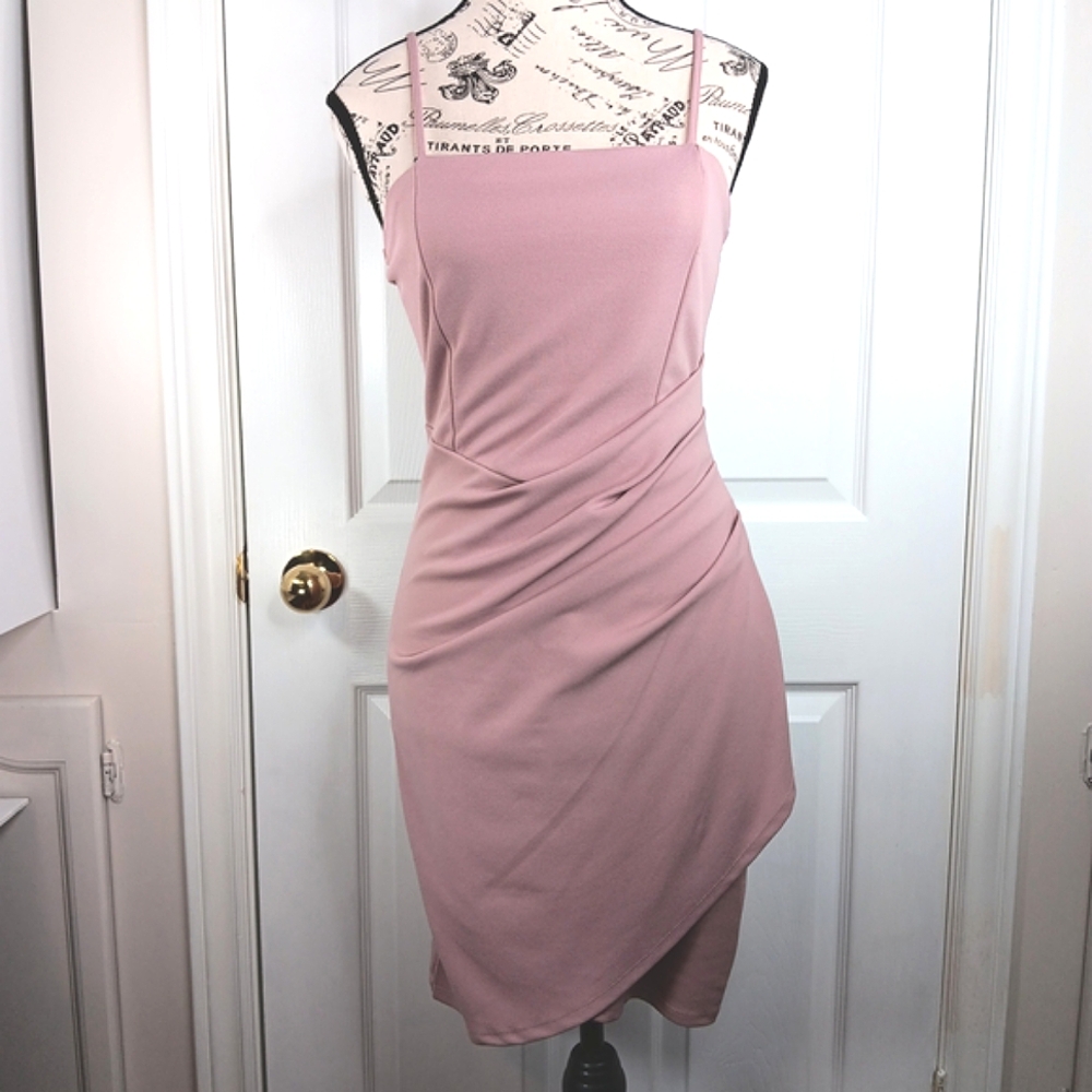 Eclipse Pink Bodycon Dress Asymmetrical Size S Ruched Spaghetti Strap Summer